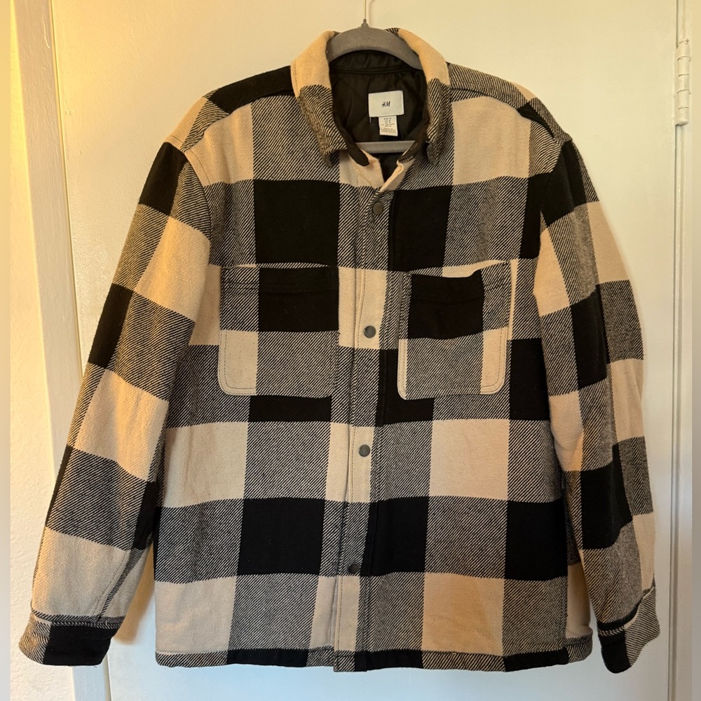 H&M Black and Cream Checkered Coat